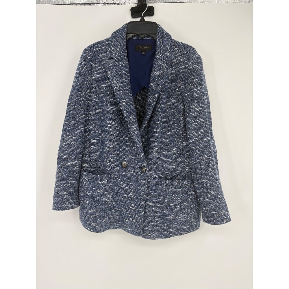 Talbots Blazer Women 8P Blue Tweed Double Breasted Crest Button Petite Jacket